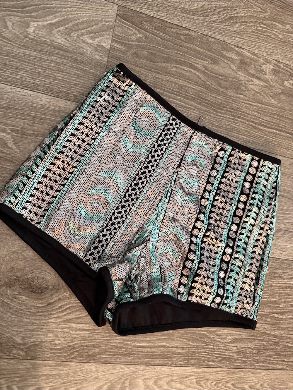 Forever 21 Aqua & Black Sequin Stripe Bike Shorts